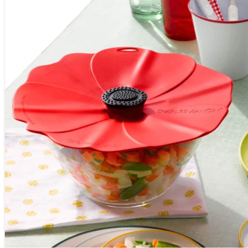Charles Viancin 10” Red Poppy Flower Shaped Silicone Bowl Cover Pot Lid EUC
